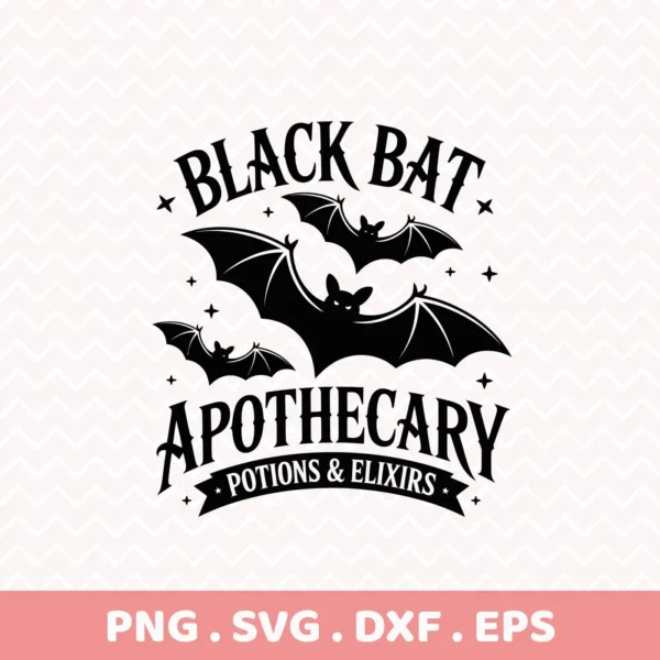 A black and white Bat Apothecary Cricut Design featuring bats and spooky text, suitable for cutting and serigraphy projects.