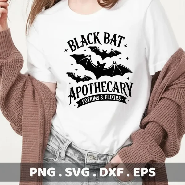 A Halloween-themed "Bat Apothecary Cricut Design" for cutting, featuring bats and apothecary text, ideal for spooky serigraphy projects.