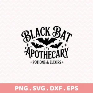 A black and white vector graphic for cutting or serigraphy featuring "Black Bat Apothecary" text with bat silhouettes and stars, designed for Halloween potion labels and spooky elixir designs.