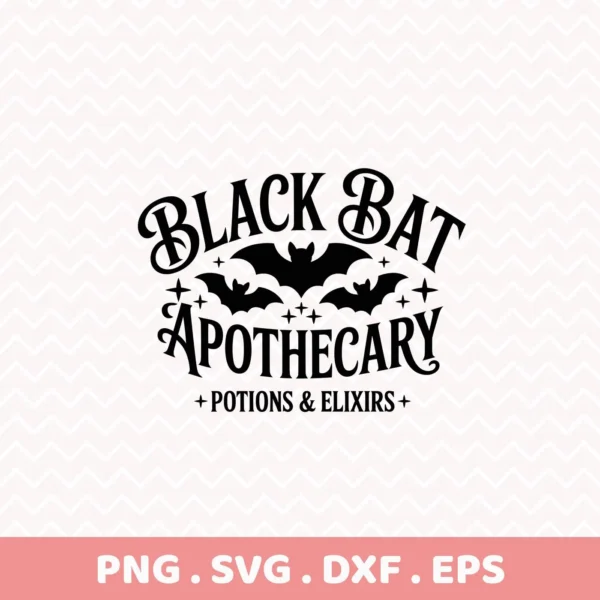 A black and white vector graphic for cutting or serigraphy featuring "Black Bat Apothecary" text with bat silhouettes and stars, designed for Halloween potion labels and spooky elixir designs.