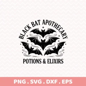 Halloween-themed "Black Bat Apothecary" Cricut design featuring stylized bats and potion-related text, intended for cutting or serigraphy projects.