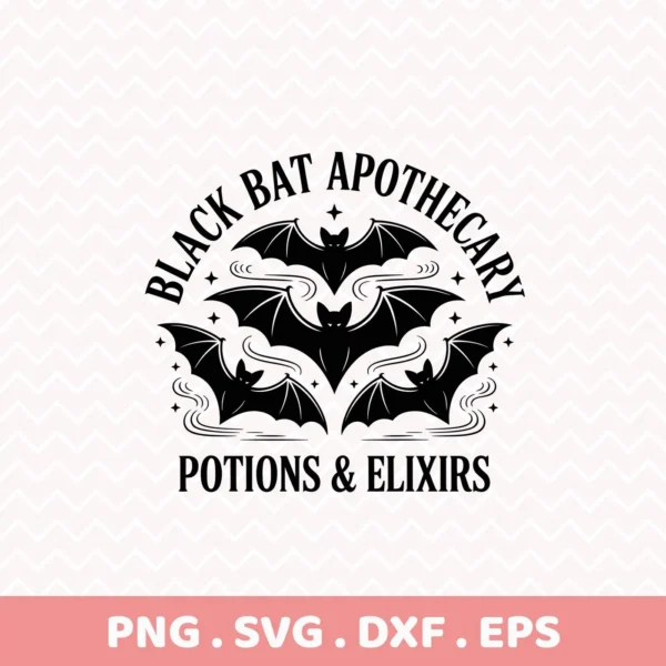 Halloween-themed "Black Bat Apothecary" Cricut design featuring stylized bats and potion-related text, intended for cutting or serigraphy projects.