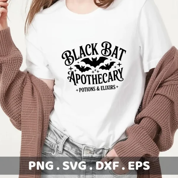 A white t-shirt displays a "Black Bat Apothecary" design with bat silhouettes, intended for cutting machines like Cricut for Halloween-themed apparel.