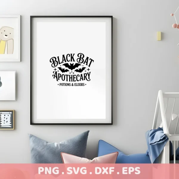 Framed "Black Bat Apothecary" design, intended as a Bat Apothecary Cricut Design for cutting and serigraphy projects, displayed in a nursery setting.