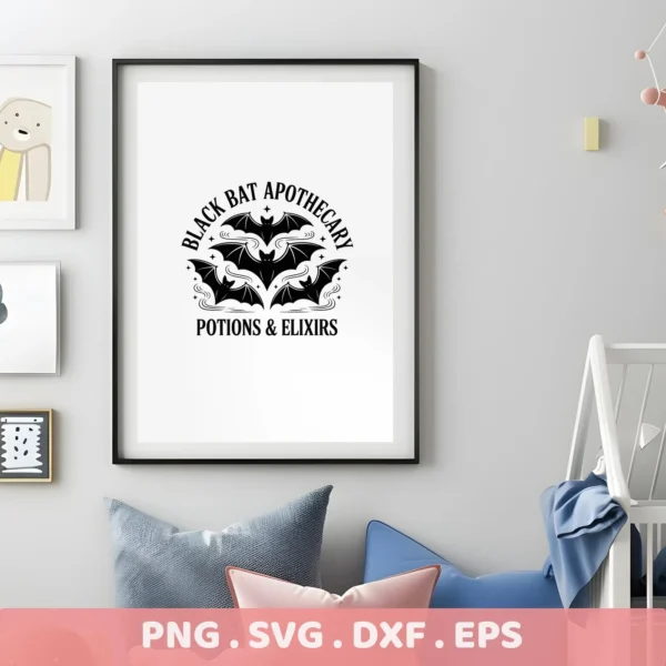 Halloween-themed "Bat Apothecary Cricut Design" featuring bats and potion-related text, suitable for cutting machines and serigraphy applications.