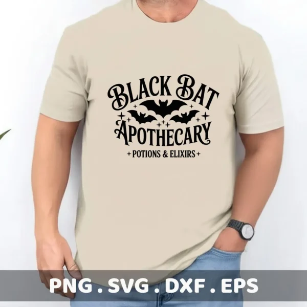 A man wears a t-shirt displaying a "Black Bat Apothecary" design, a Halloween-themed graphic suitable for Cricut cutting projects.