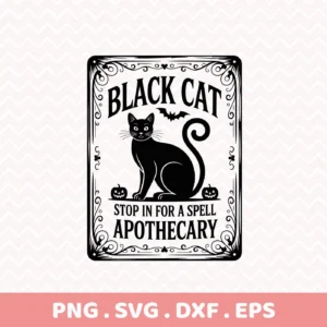 Halloween-themed "Black Cat Apothecary" sign design featuring a black cat, bat, and pumpkins, intended for Cricut cutting and serigraphy projects.