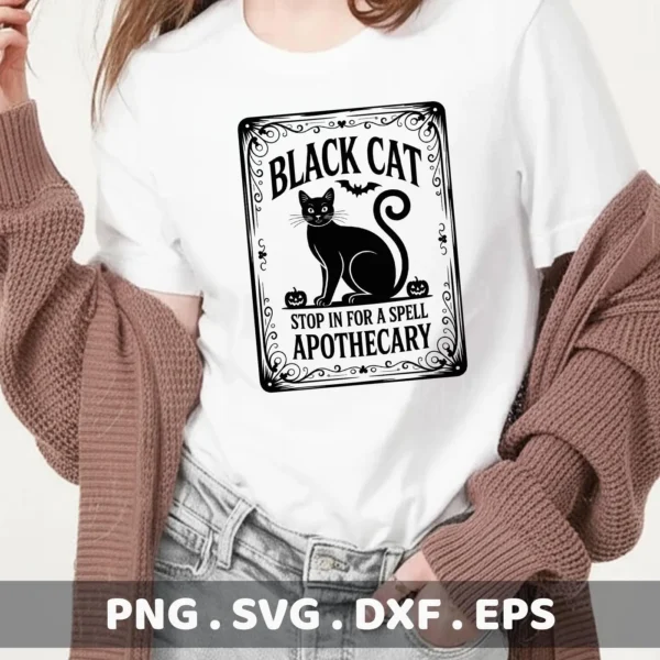 A black and white Halloween-themed "Black Cat Apothecary" design, featuring a black cat, bat, and pumpkins within an ornate frame, intended for Cricut cutting and serigraphy applications.