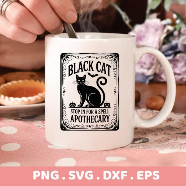 A white mug displays a "Black Cat Apothecary" design, intended for Cricut cutting and Halloween-themed serigraphy projects.