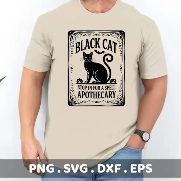A Halloween-themed "Black Cat Apothecary Cricut" design, suitable for cutting and serigraphy, featuring a black cat, bat, pumpkins, and ornate frame.
