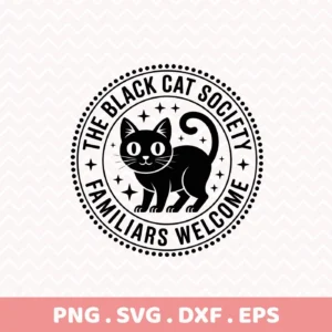 Halloween-themed black cat Cricut design for cutting, featuring a stylized cat within a circular "Black Cat Society" emblem, suitable for vinyl cutting or screen printing.