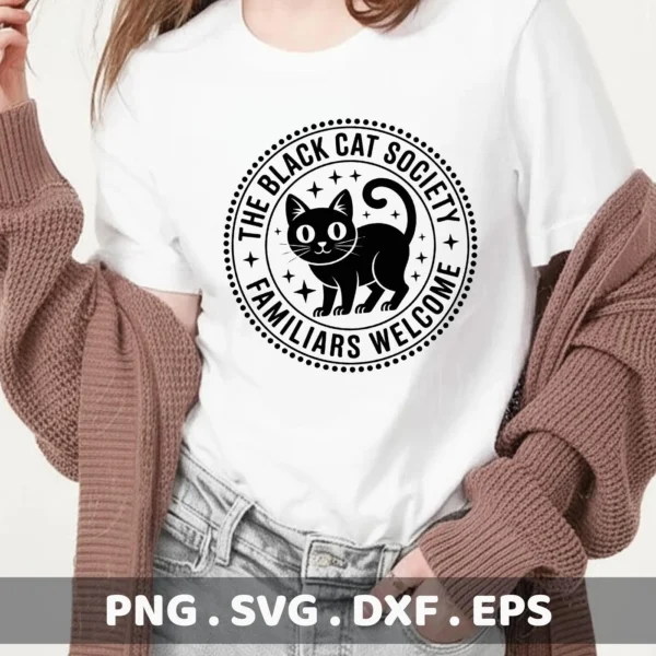 A black cat Cricut design on a white t-shirt, featuring a circular "Black Cat Society" logo with a cartoon black cat, intended for cutting or serigraphy applications.