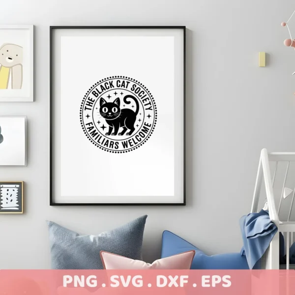 Framed black and white Halloween-themed "Black Cat Society" Cricut design featuring a cartoon black cat surrounded by text and stars, suitable for cutting or serigraphy projects.