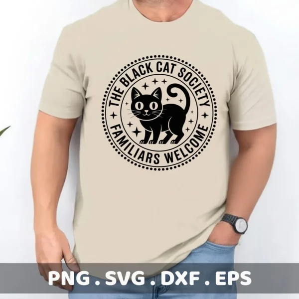 A beige t-shirt displays a black, circular "Black Cat Society" design, suitable for Cricut cutting or serigraphy, featuring a cartoon black cat and the text "Familiars Welcome.