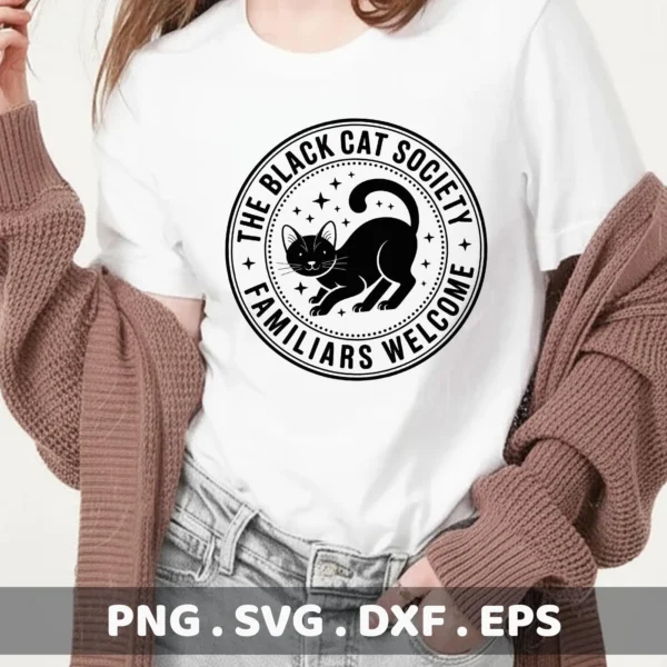 A Halloween-themed "Black Cat Cricut Design" for cutting or serigraphy, featuring a black cat within a circular "Black Cat Society" logo on a white t-shirt.