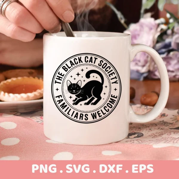 A white mug displays a "Black Cat Society" design, a Halloween-themed SVG graphic intended for Cricut cutting and serigraphy applications.
