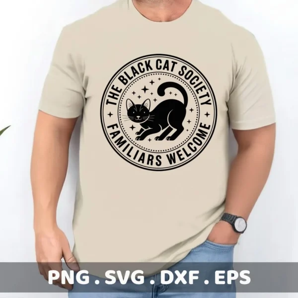 A t-shirt mockup showcasing a "Black Cat Cricut Design" for Halloween, suitable for cutting and serigraphy applications.