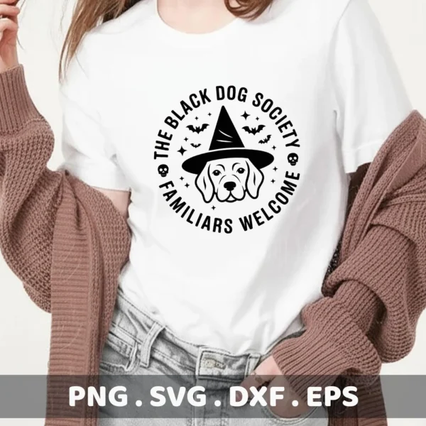 A Halloween dog shirt design featuring a dog wearing a witch hat, surrounded by bats and the text "The Black Dog Society, Familiars Welcome," intended for cutting or serigraphy applications.