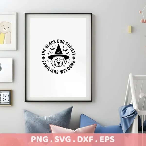Framed Halloween Dog Shirt Design featuring a dog wearing a witch hat, surrounded by "The Black Dog Society" and "Familiars Welcome" text, suitable for cutting or serigraphy.