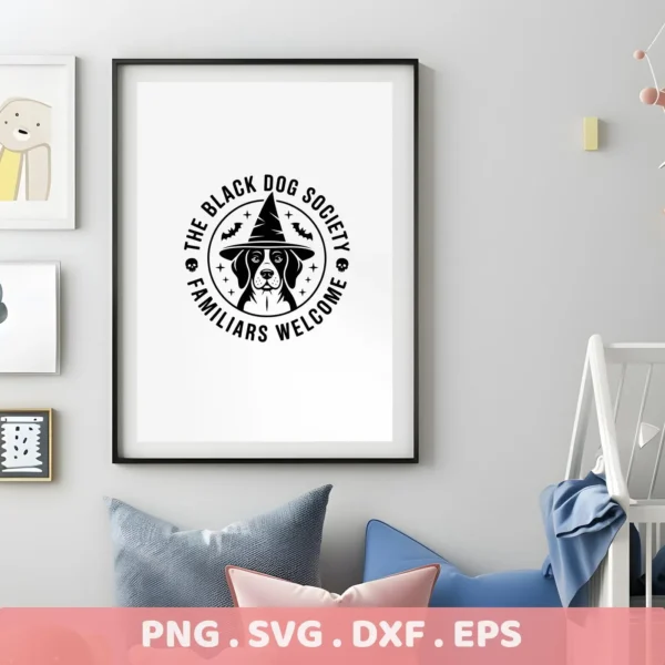 Halloween dog Cricut design featuring a black dog wearing a witch hat, framed as a print, suitable for cutting or serigraphy applications.