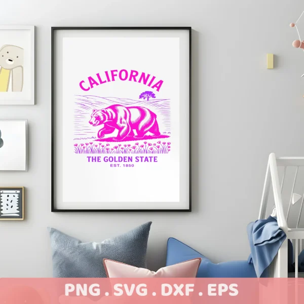 California Bear Cricut design for vinyl cutting, shown as a retro serigraphy stencil art print.