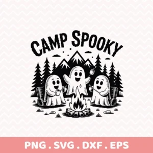 Black and white SVG image depicting three cartoon ghosts camping around a campfire in a forest with mountains, designed for cutting machines and serigraphy applications.