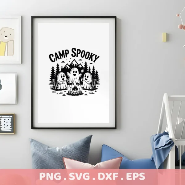 Black and white "Camp Spooky Ghost SVG File" design featuring cartoon ghosts camping around a campfire, intended for cutting machines like Cricut or serigraphy applications.