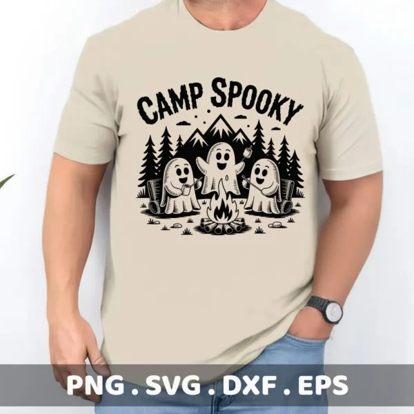 A t-shirt featuring a "Camp Spooky" design with cartoon ghosts around a campfire, intended for cutting machines like Cricut or serigraphy applications.