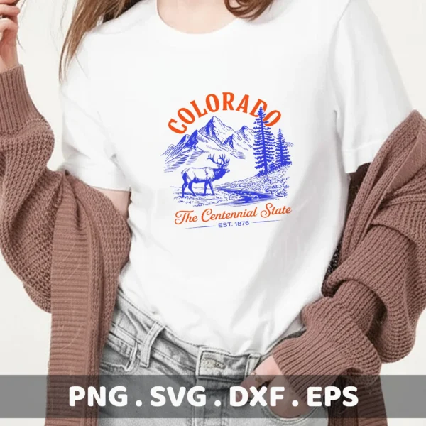 Colorado deer Cricut file for a t-shirt screen print design featuring mountains and "The Centennial State" text.