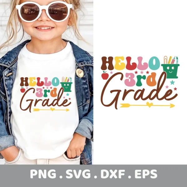 Third Grade Cricut design for a teacher gift, shown as a vinyl decal on a child's t-shirt.