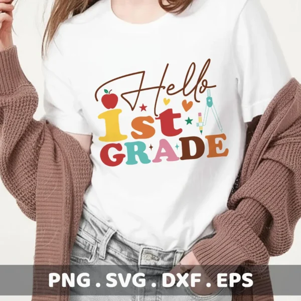 Retro First Grade SVG design for a Cricut teacher appreciation t-shirt.
