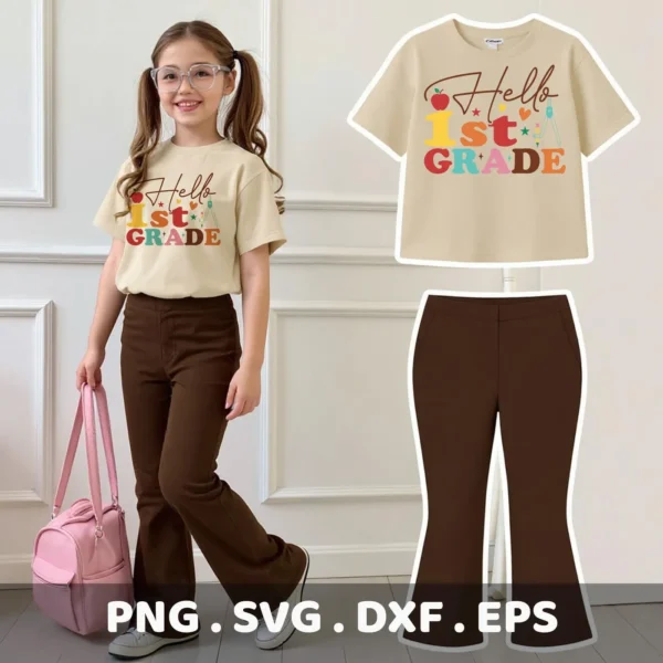 Retro First Grade SVG design for a Cricut teacher appreciation t-shirt decal.