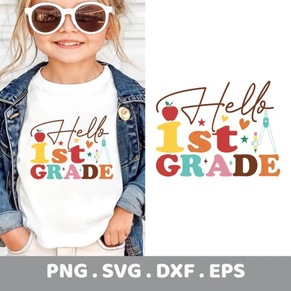 Retro First Grade SVG design for a Cricut vinyl decal on a teacher's t-shirt.