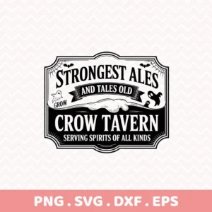 Black and white Halloween Tavern Sign Cricut design featuring "Crow Tavern" and spooky elements, suitable for cutting.
