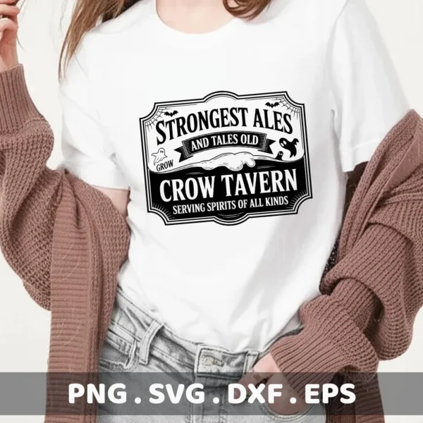 A woman wearing a white t-shirt with a black and white Halloween Tavern Sign Cricut design featuring "Crow Tavern" and spooky elements, intended for cutting or serigraphy applications.