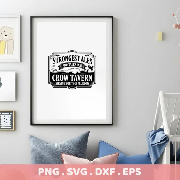 Framed Halloween Tavern Sign Cricut design featuring "Crow Tavern" and spooky elements, suitable for cutting or serigraphy projects.
