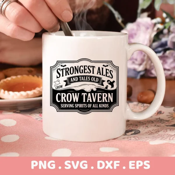 Close-up of a white mug featuring a "Crow Tavern" Halloween Tavern Sign Cricut design, suitable for cutting or serigraphy projects.
