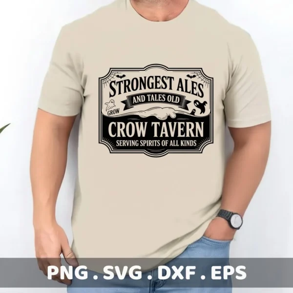 A man wearing a t-shirt with a "Crow Tavern" Halloween Tavern Sign Cricut design, intended for cutting or serigraphy applications.