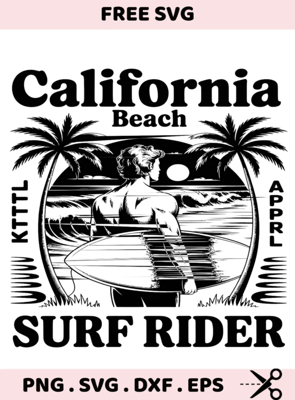 California Beach Surf Rider SVG Cut File. Cricut, Silhouette, Laser Cutter design.