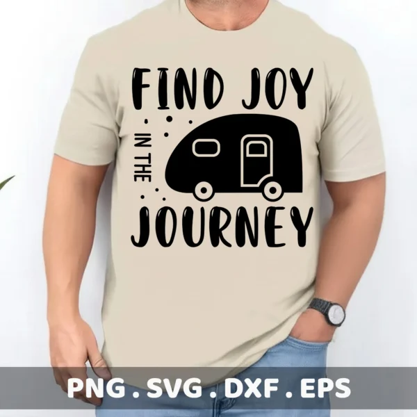 Find Joy" camper Cricut Joy design as a vinyl decal for a camping trailer.