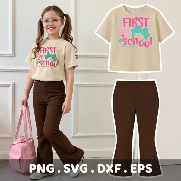 First Day School Cricut" design for a child's t-shirt vinyl cut.