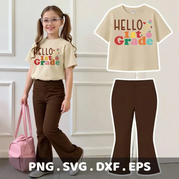 Hello First Grade Cricut design for a back to school t-shirt iron-on.