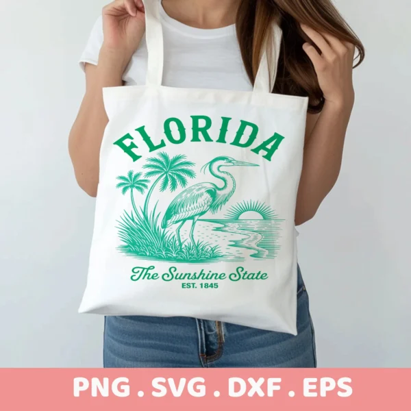 Florida heron vinyl decal on tote bag, retro travel design for Cricut cutting.