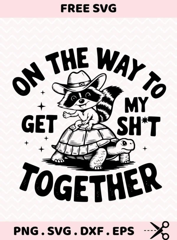 Funny raccoon riding tortoise SVG design for cutting and screen printing.