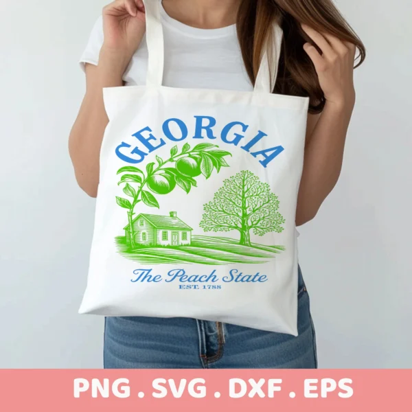 Georgia Peach Cricut design on a tote bag, shown as a vinyl cut file example.
