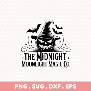Halloween pumpkin SVG design featuring a witch hat, bats, and the text "The Midnight Moonlight Magic Co." for cutting and crafting projects.