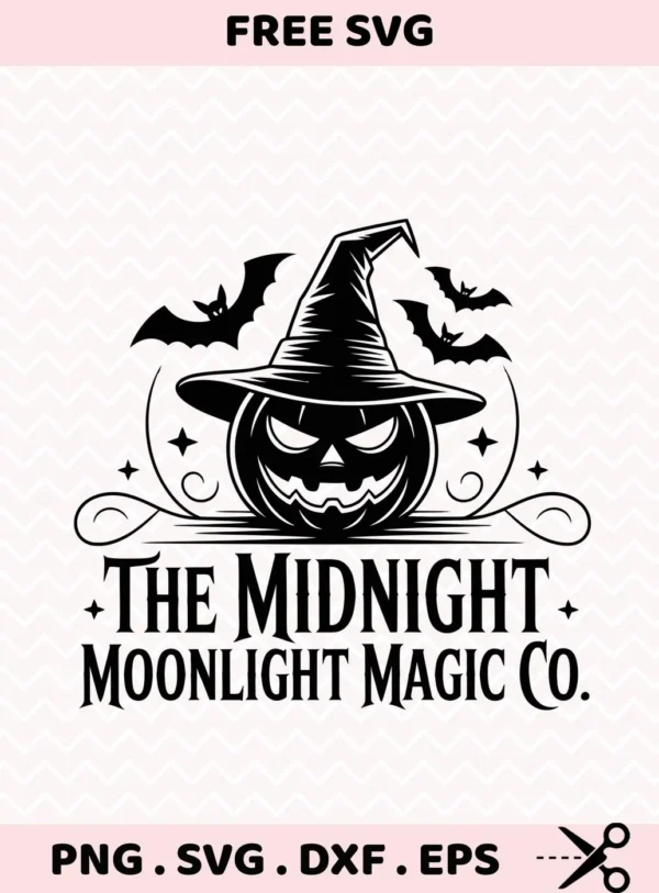 Halloween pumpkin SVG design featuring a pumpkin wearing a witch's hat and surrounded by bats, ideal for cutting machines like Cricut and Silhouette.