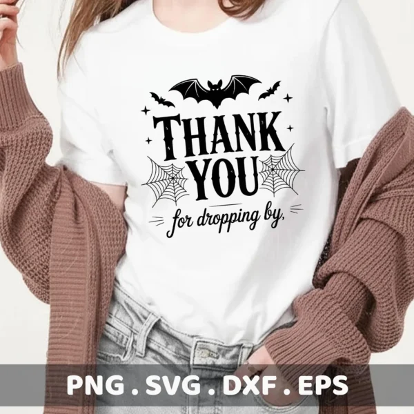 A woman models a white t-shirt with a "Halloween Thank You Cricut" design featuring bats, spiderwebs, and the phrase "Thank You for dropping by," intended for cutting or serigraphy applications.