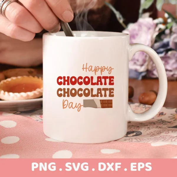 Chocolate Day Cricut design for a vinyl decal on a coffee mug.