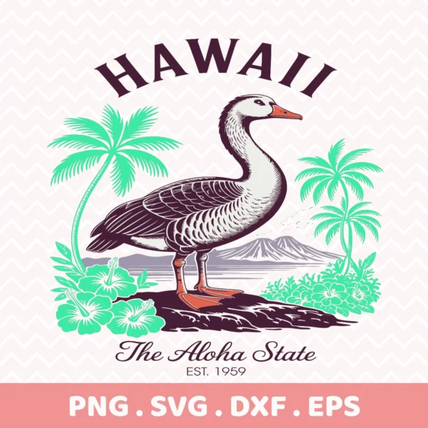 Hawaii Nene Goose Cricut file for vinyl cutting, a retro Aloha State t-shirt design with palm trees and hibiscus flowers.